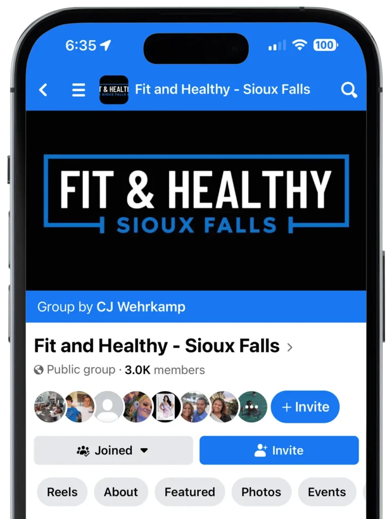 Phone showing Fit & Healthy Sioux Falls Facebook group